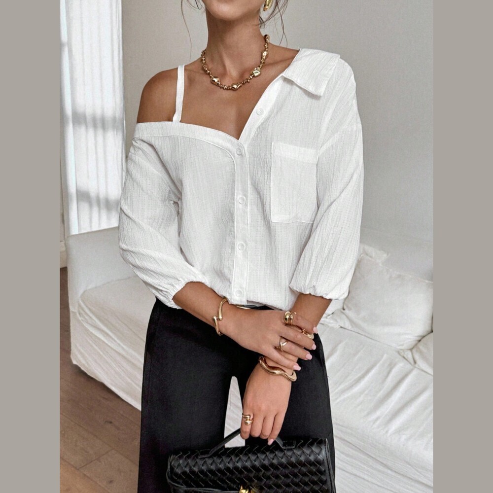 White Textured Crepe Asymmetrical One Shoulder Button Front Blouse